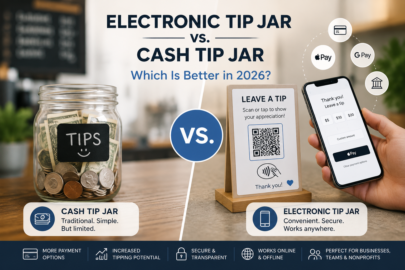 Side-by-side comparison of an electronic tip jar and a cash tip jar.