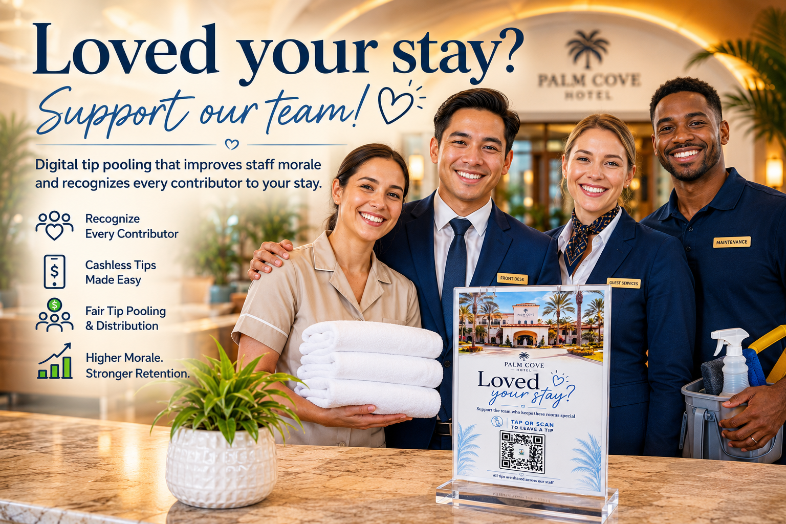 Hotel housekeeping and front desk staff standing together in a hotel lobby illustrating how digital tip pooling and cashless tipping programs improve employee recognition, staff morale, and retention.