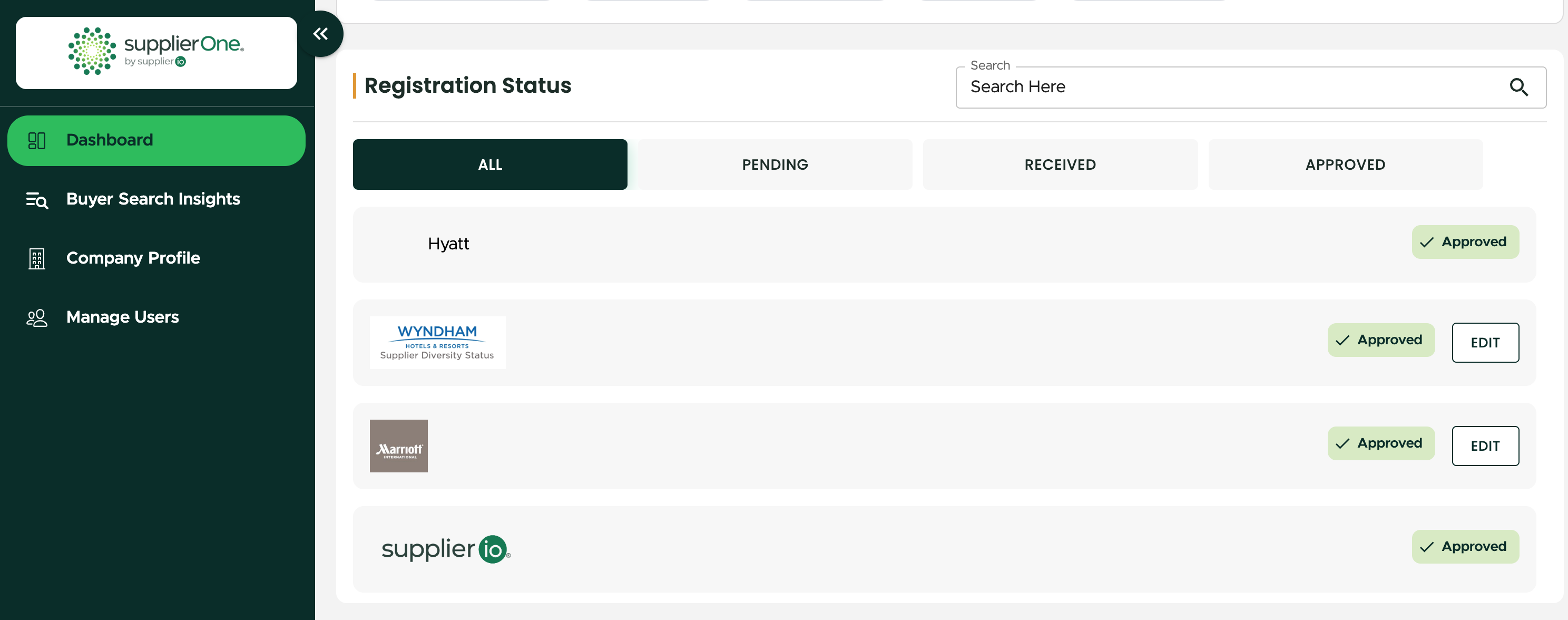 OpenTipJar supplier account status showing approval across major hotel brand networks