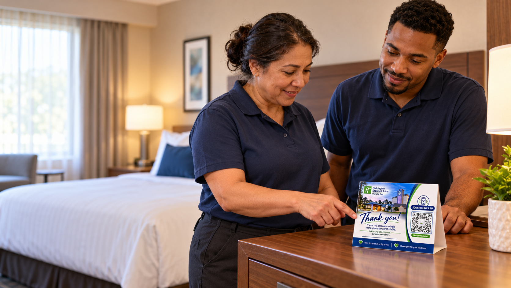 Two housekeeping colleagues in a hotel guest room reviewing a branded thank-you tipping card with a Scan to Leave a Tip QR code on the dresser